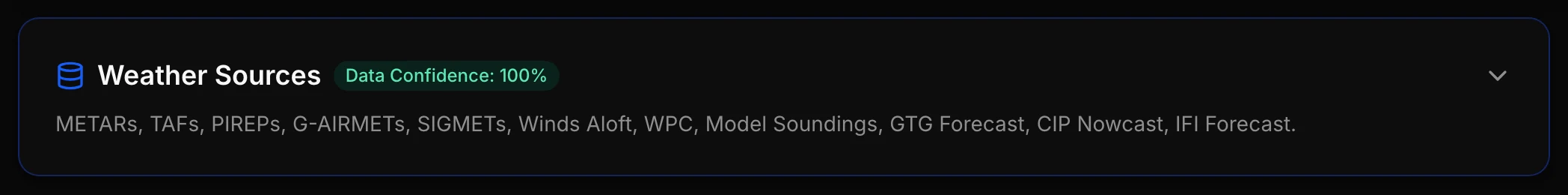 Weather Sources section listing METARs, TAFs, PIREPs, G-AIRMETs, SIGMETs and other products with data confidence