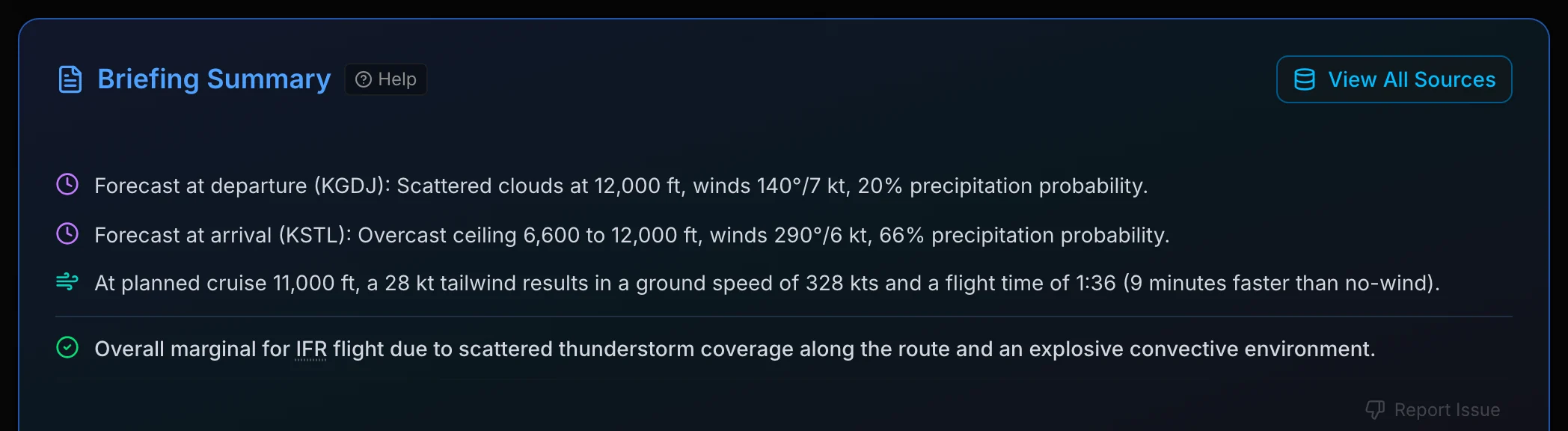Briefing Summary with departure, arrival and cruise forecast lines