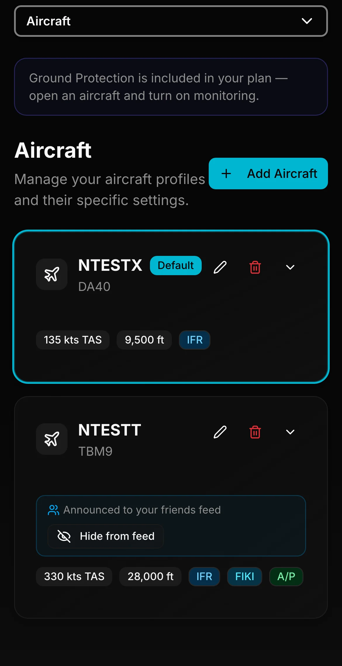 Aircraft list in Profile with two aircraft, Default badge and Add Aircraft button