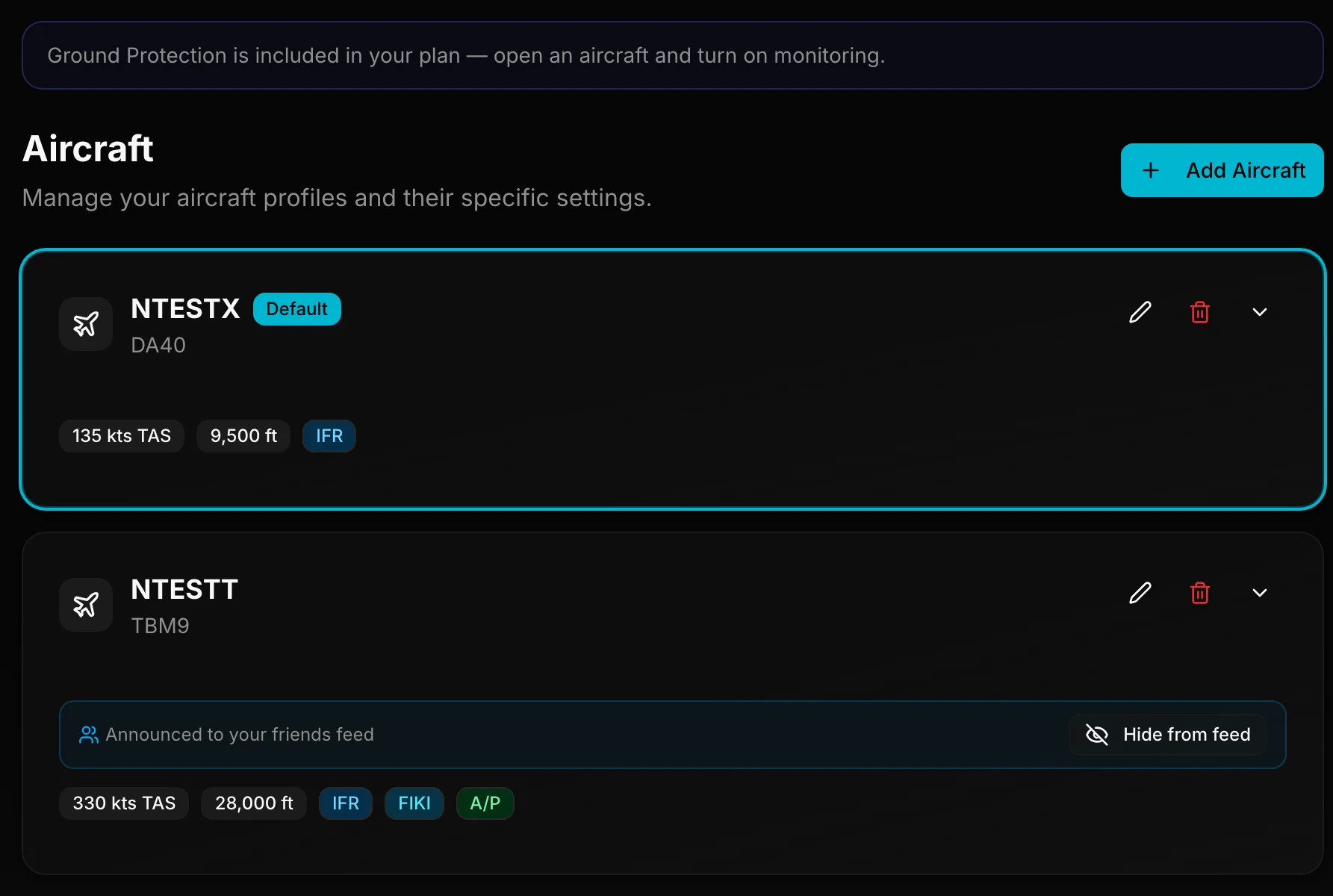 Aircraft list in Profile with two aircraft, Default badge and Add Aircraft button