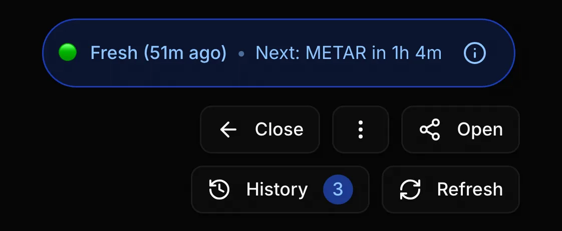 Briefing freshness pill showing Fresh, age and the next METAR update, above the briefing actions