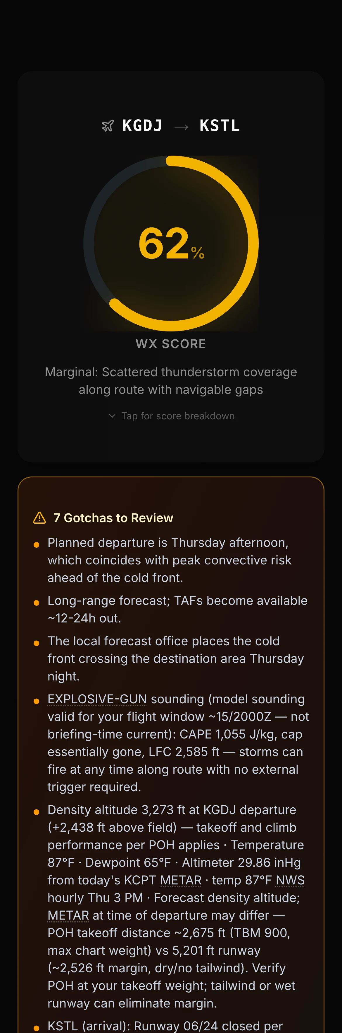 Top of a briefing: WX Score, route, map, times and personal minimums