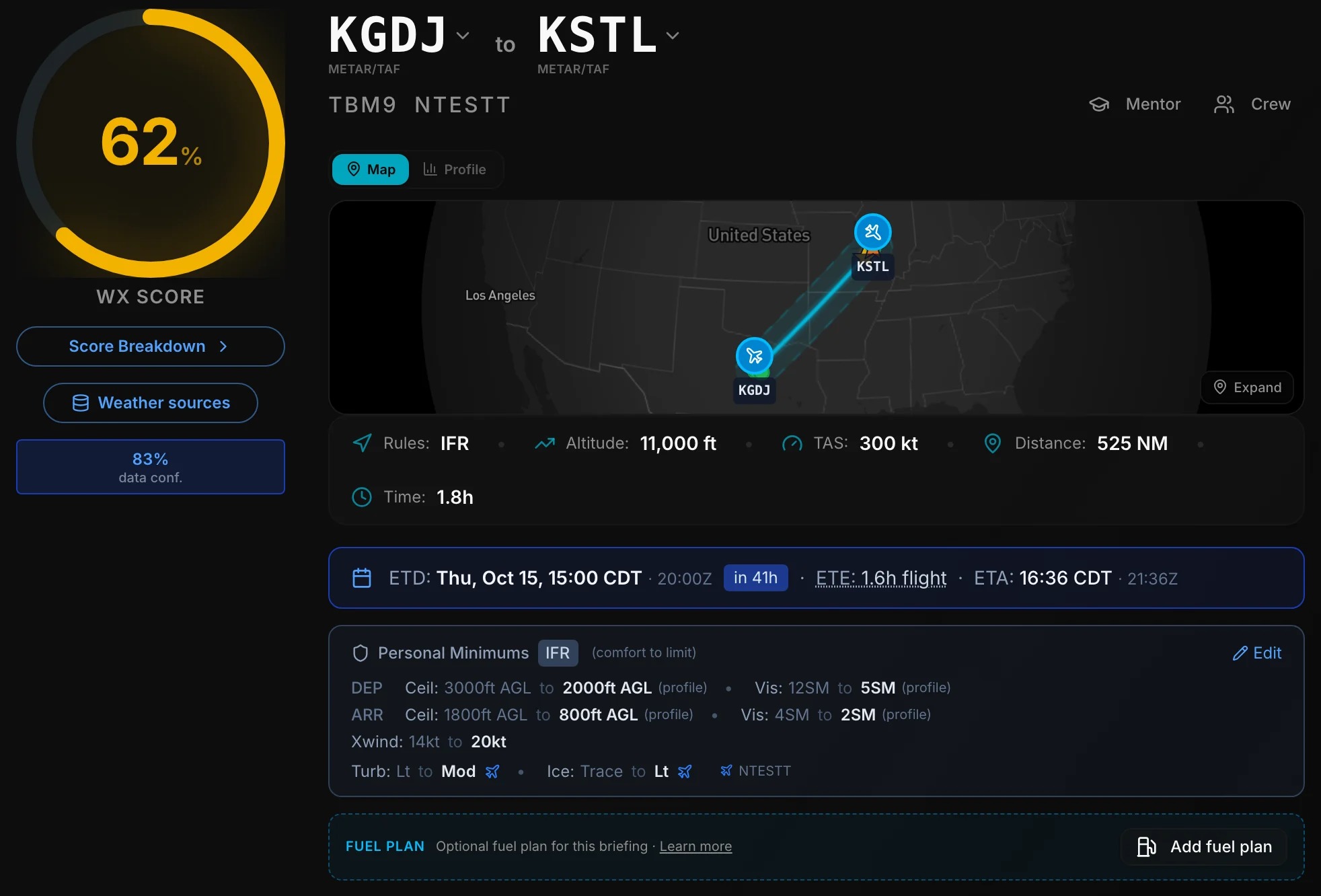 Top of a briefing: WX Score, route, map, times and personal minimums