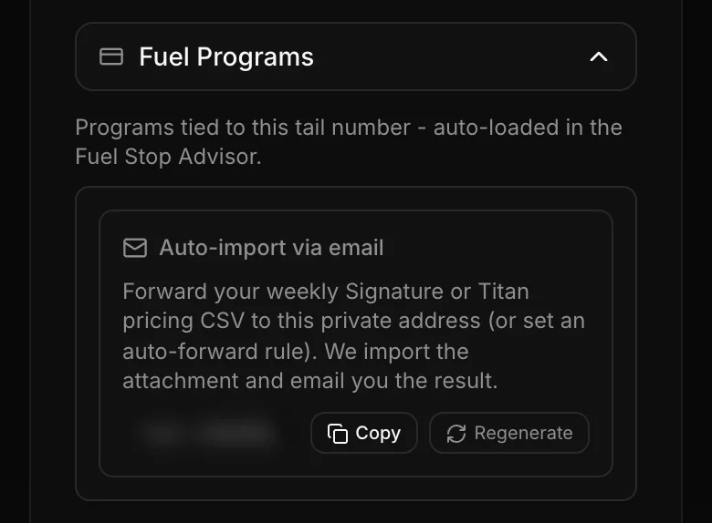 Fuel Programs card with the Auto-import via email address hidden