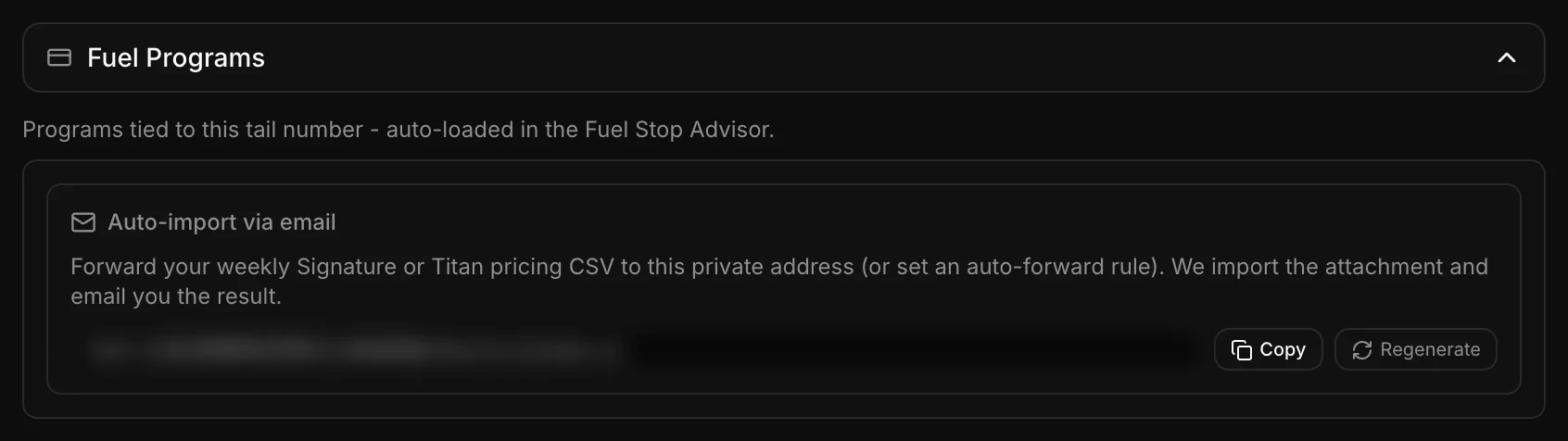 Fuel Programs card with the Auto-import via email address hidden
