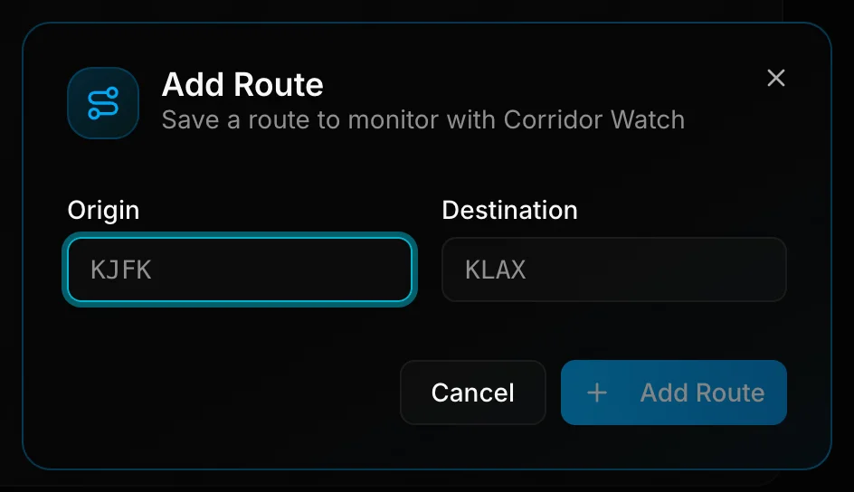Add Route dialog with Origin and Destination fields