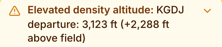 Elevated density altitude line at the top of a briefing: KGDJ departure 3,123 ft, 2,288 ft above field