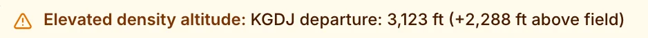 Elevated density altitude line at the top of a briefing: KGDJ departure 3,123 ft, 2,288 ft above field
