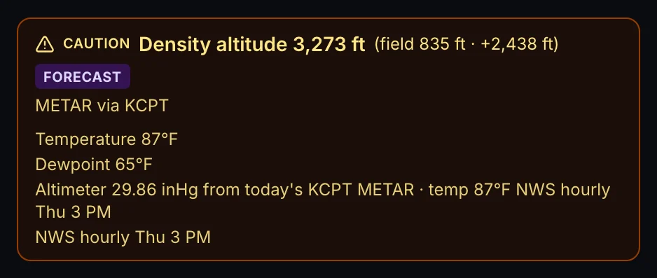 Density altitude caution in terminal weather