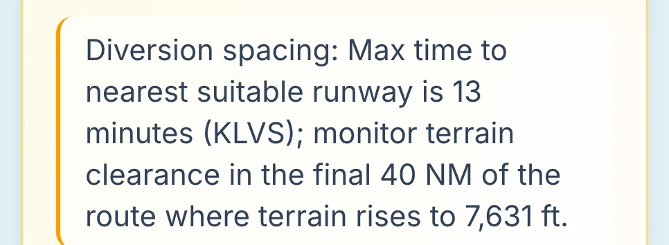Diversion spacing line naming KLVS as the nearest suitable runway at 13 minutes, with a terrain note