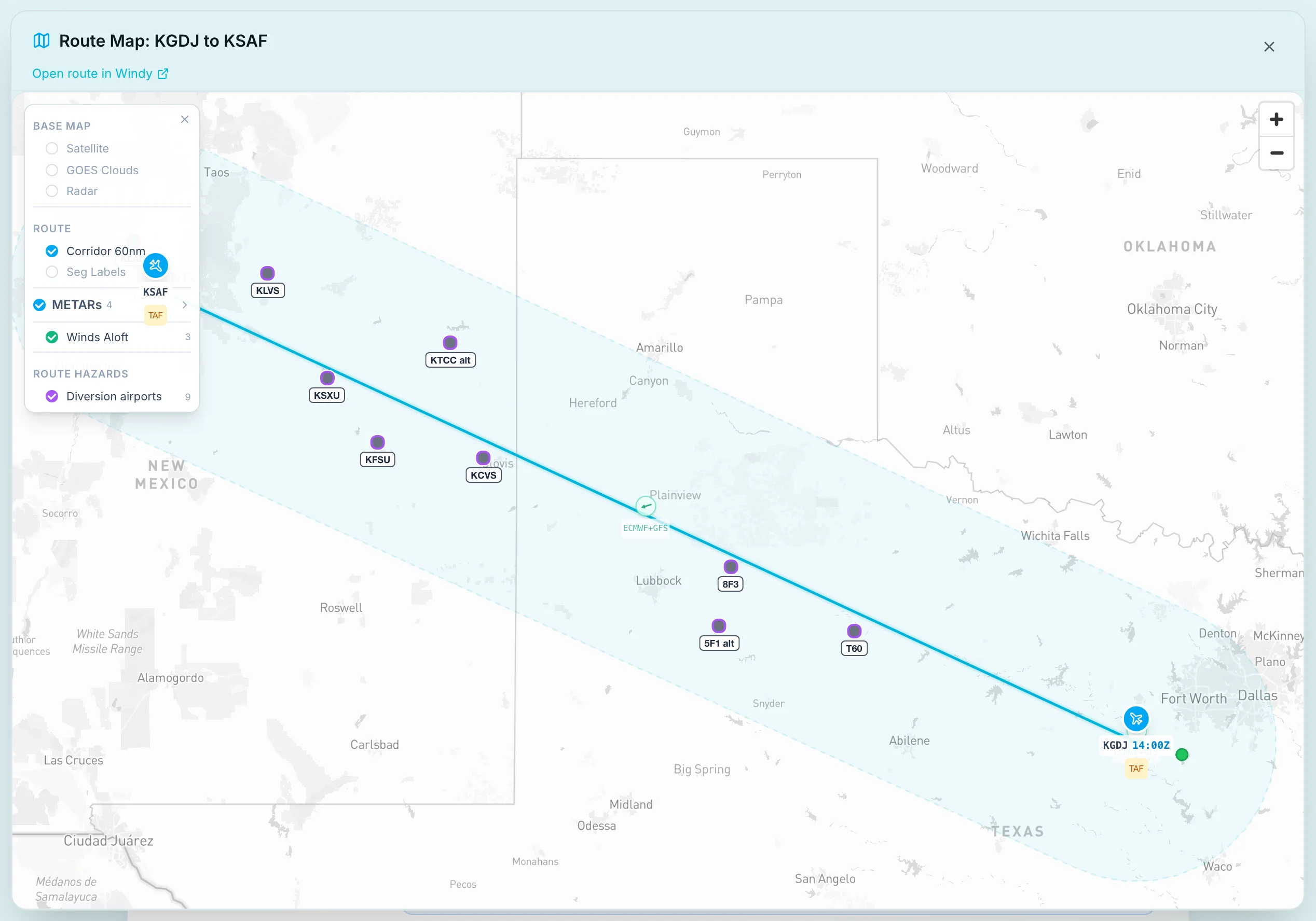 Route map from KGDJ to KSAF with the layers panel open and diversion airports shown