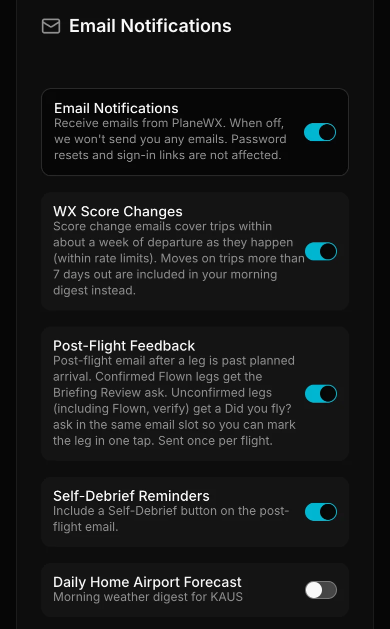 Email Notifications settings with WX Score Changes and other email toggles