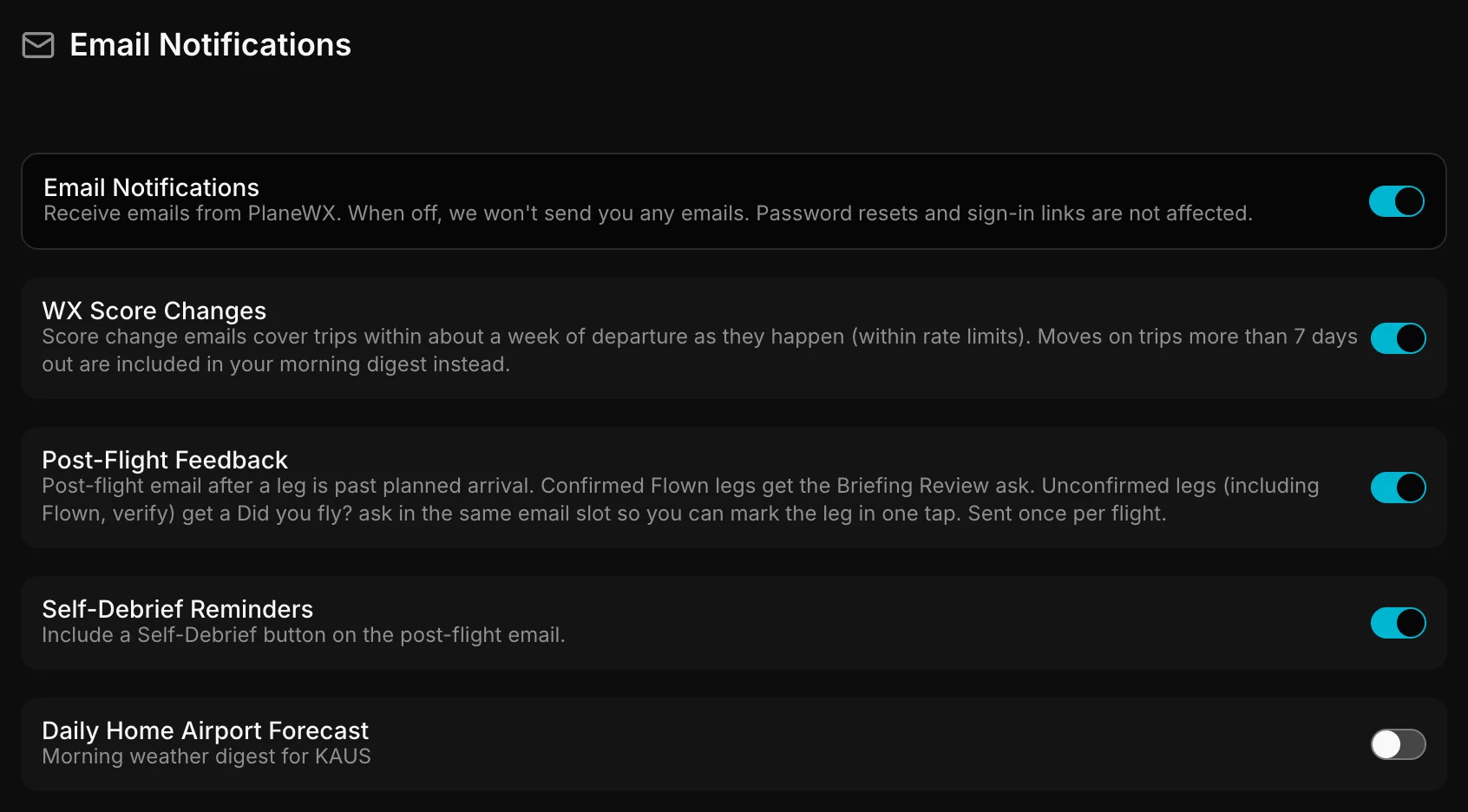 Email Notifications settings with WX Score Changes and other email toggles
