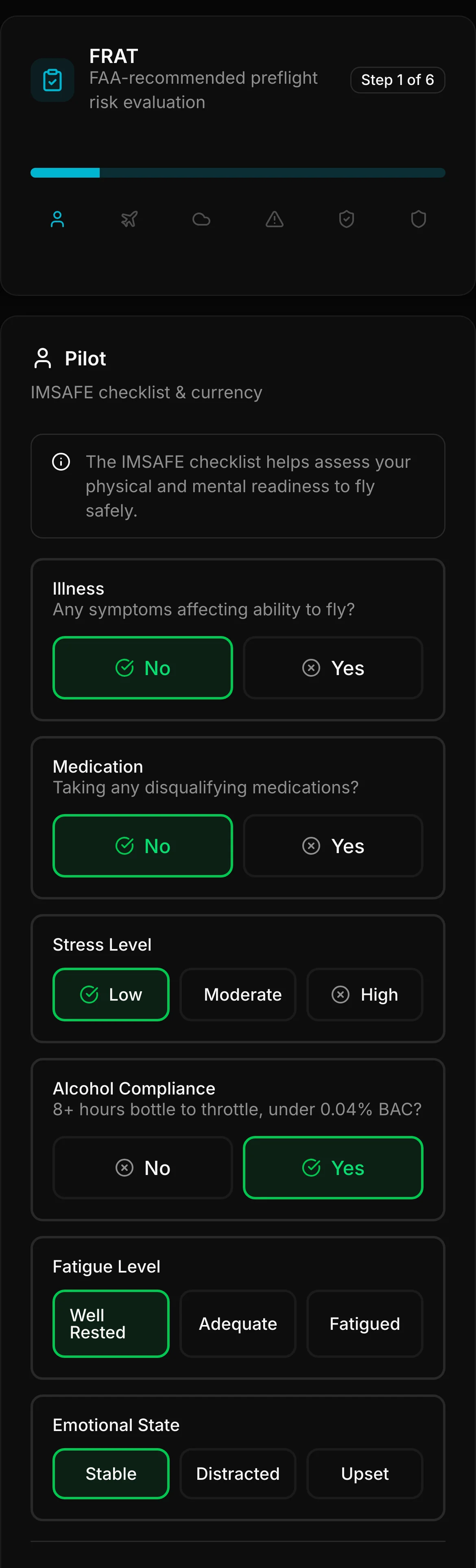 FRAT Pilot step with the IMSAFE questions