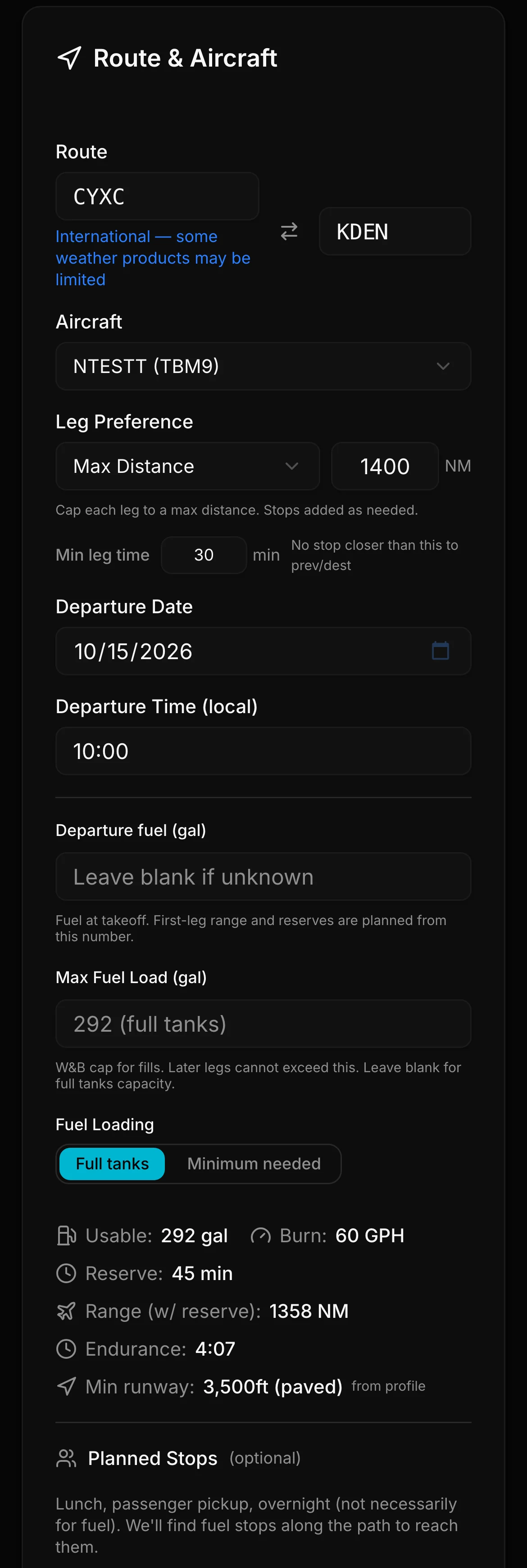 Fuel Advisor Route & Aircraft form for CYXC to KDEN in a TBM9