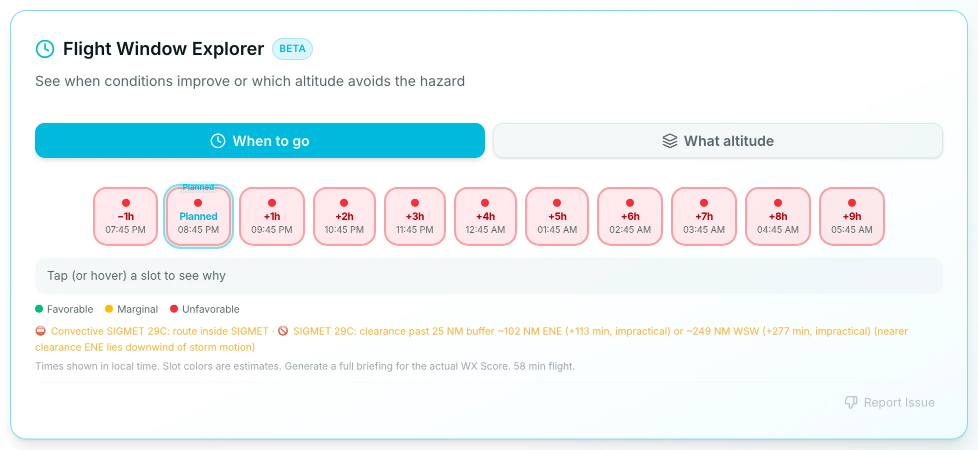 Flight Window Explorer When to go slots, all Unfavorable, with the reason below