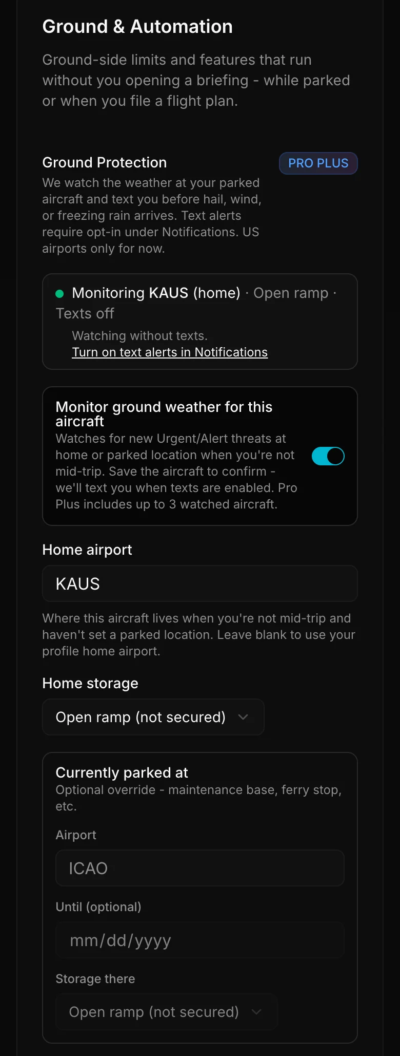 Ground Protection settings showing Monitoring KAUS (home) with home airport and parked location fields