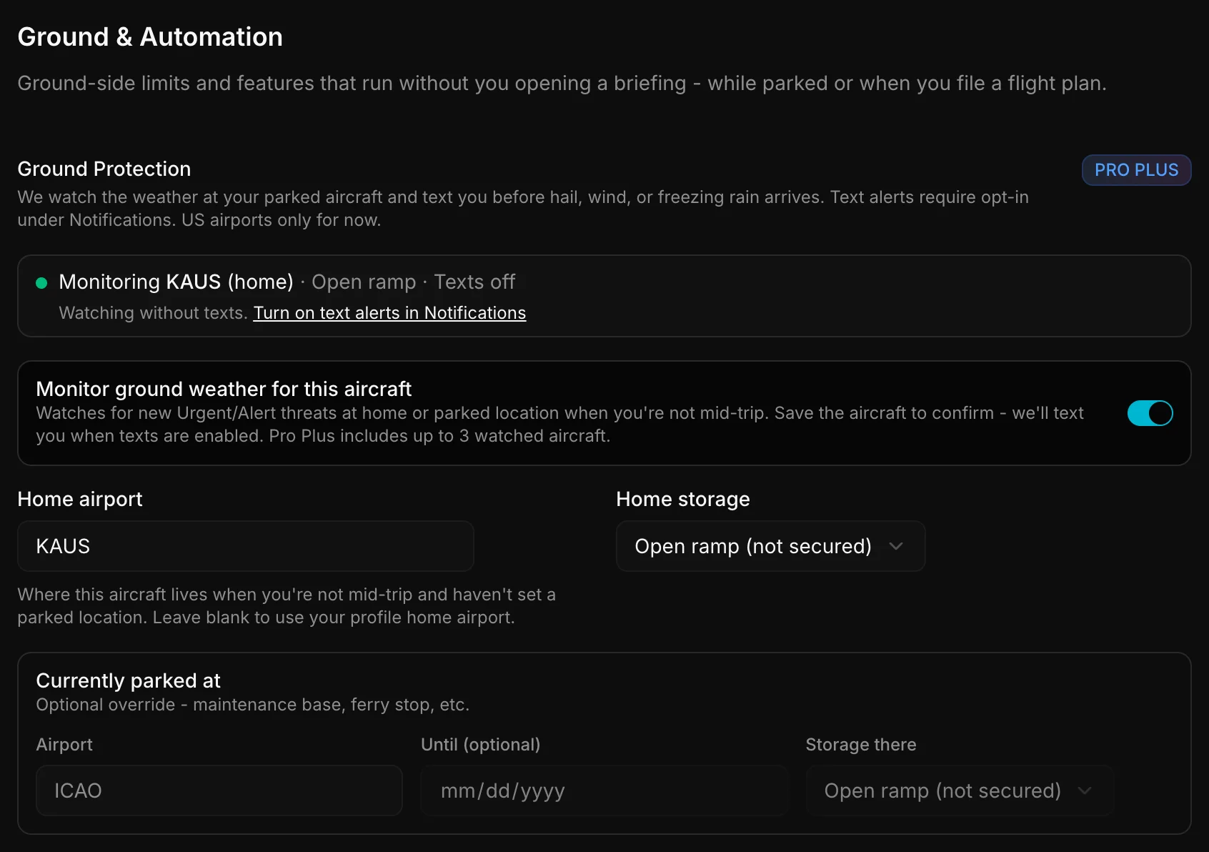 Ground Protection settings showing Monitoring KAUS (home) with home airport and parked location fields