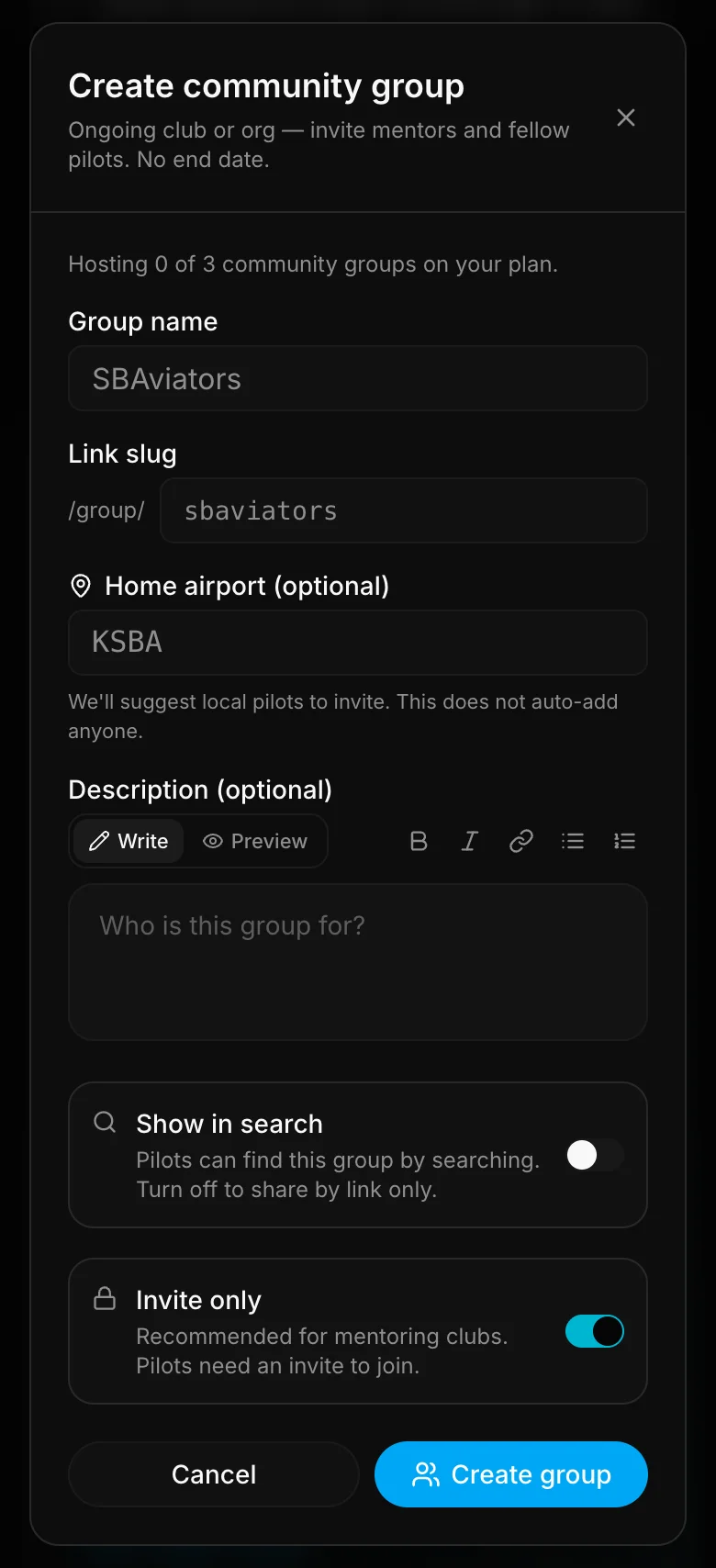 Create community group form with name, link slug, home airport, and description