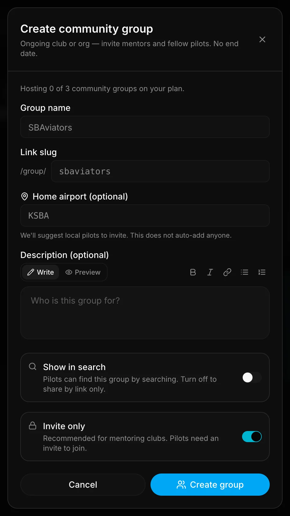 Create community group form with name, link slug, home airport, and description