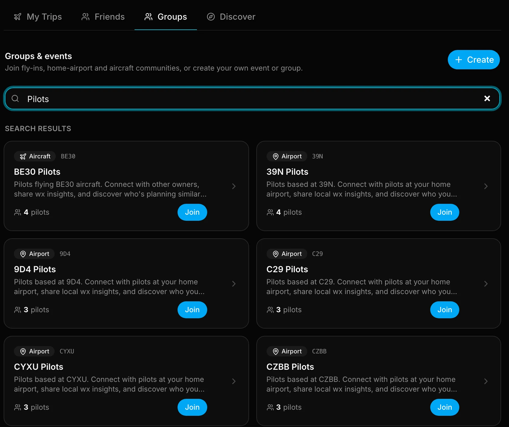 Groups tab with search results listing aircraft and airport groups with Join buttons