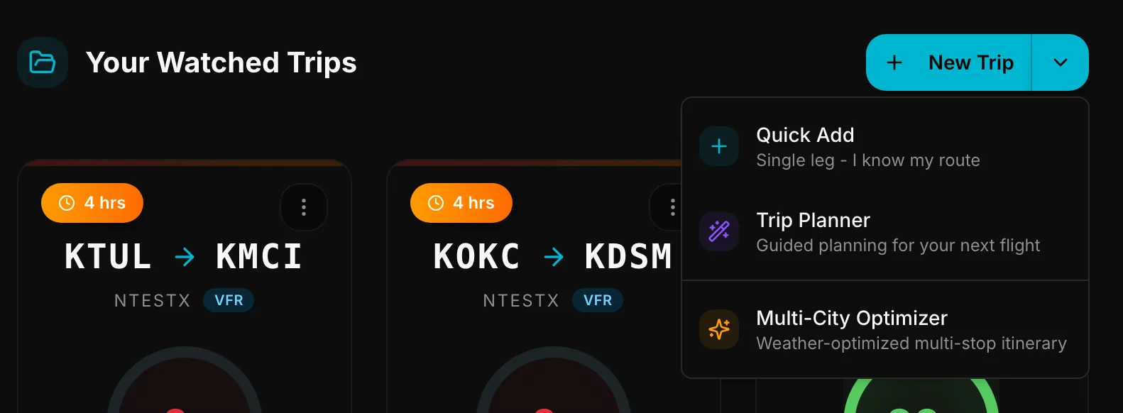 Home with the New Trip button and its menu open showing Quick Add, Trip Planner and Multi-City Optimizer