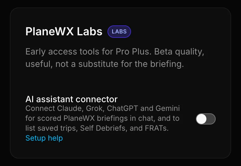 PlaneWX Labs card with the AI assistant connector toggle off