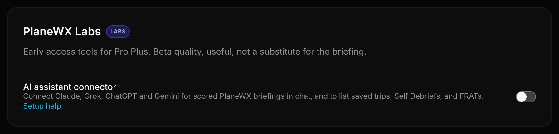 PlaneWX Labs card with the AI assistant connector toggle off