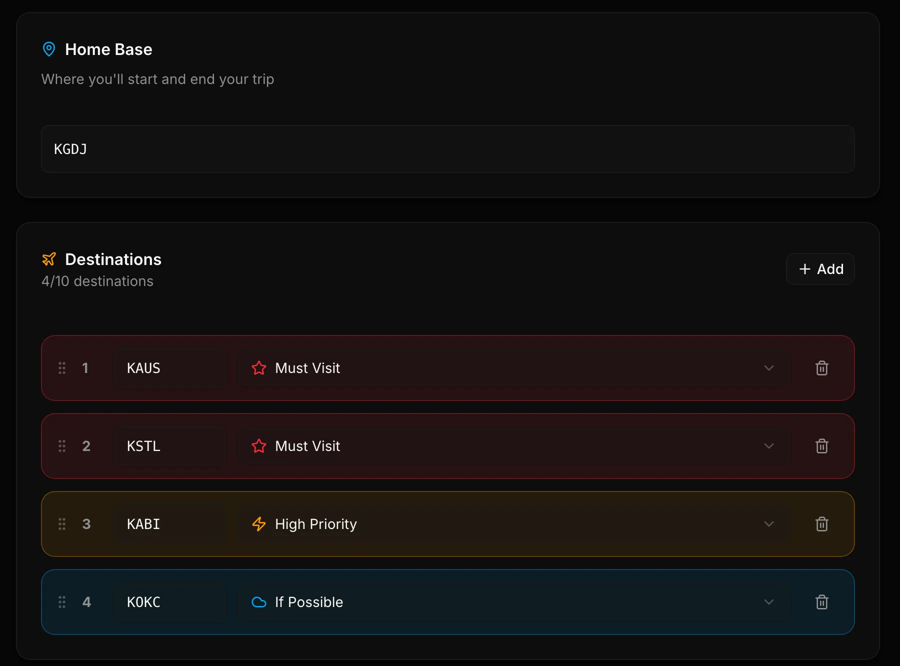 Multi-City Optimizer with home base KGDJ and destinations KAUS, KSTL, KABI and KOKC with priorities