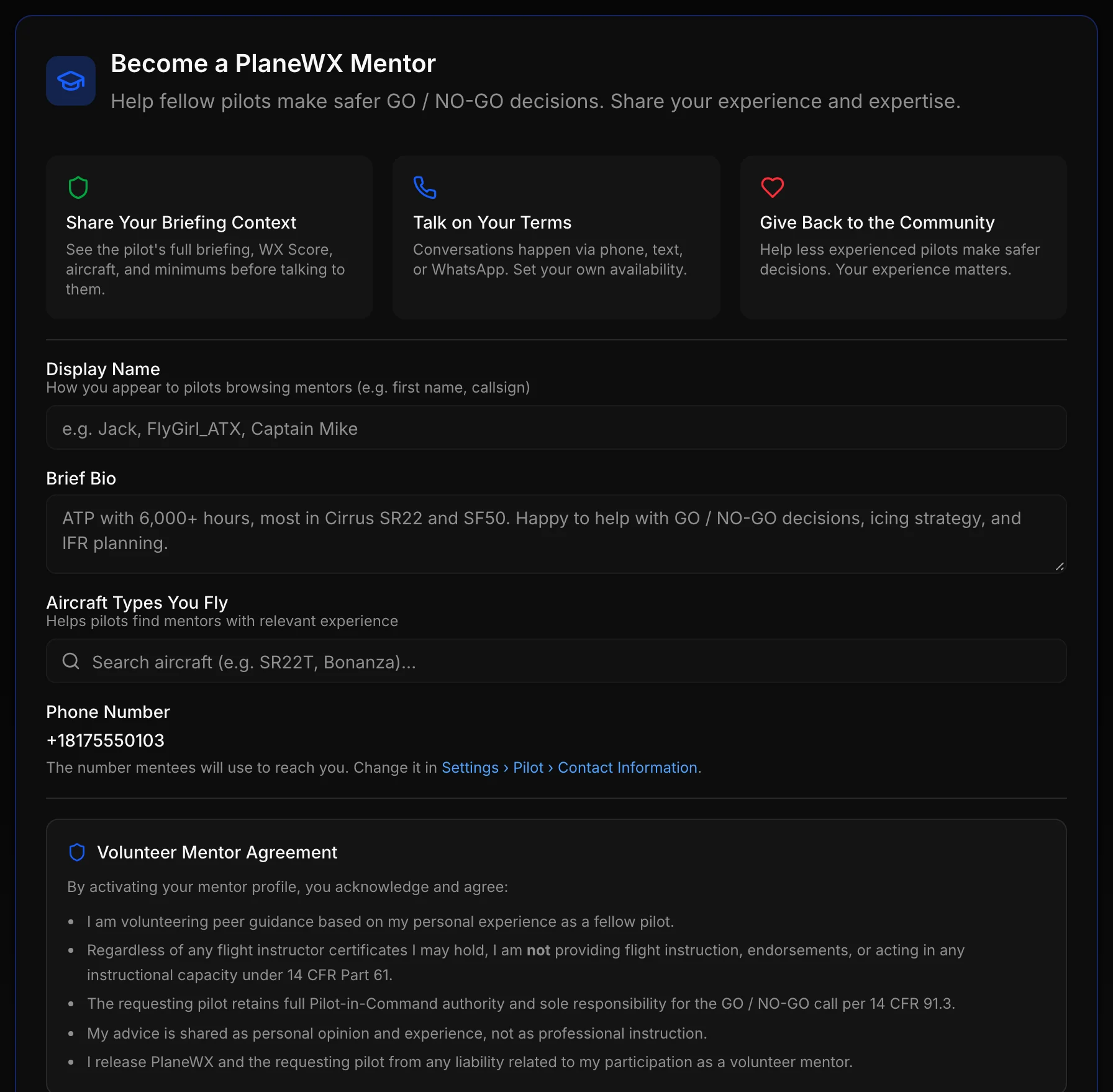 Become a PlaneWX Mentor form with display name, bio, aircraft types and phone number