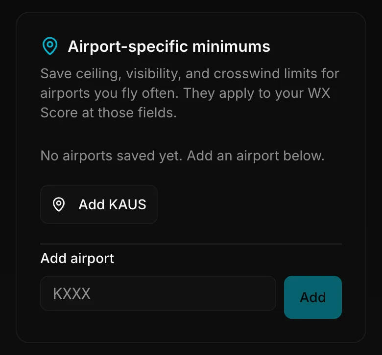 Airport-specific minimums card with an Add airport field