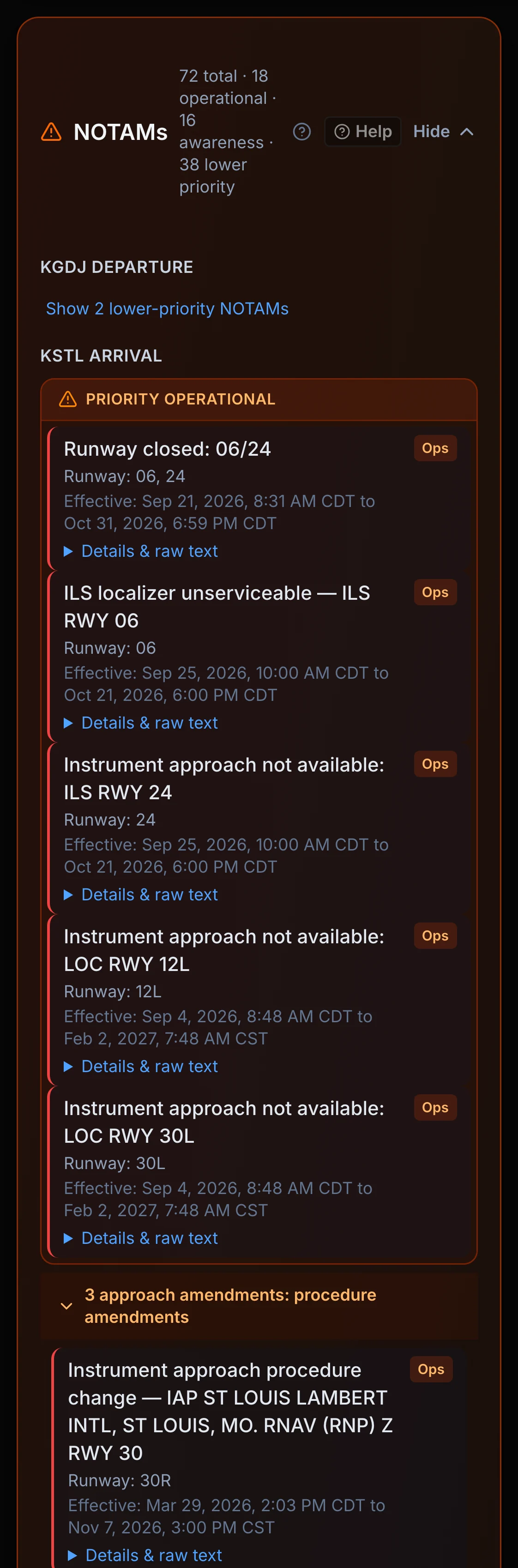 NOTAMs card grouped into priority tiers