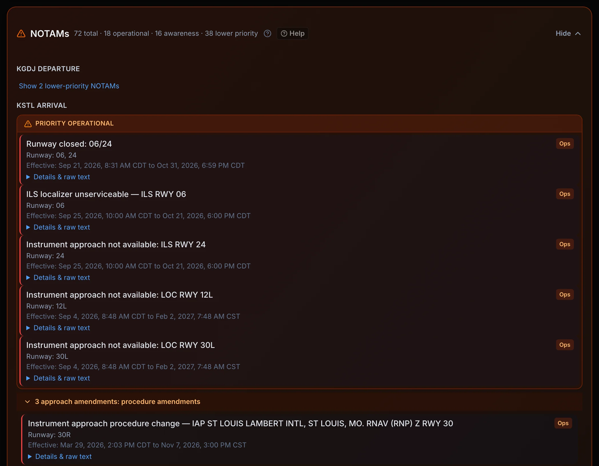 NOTAMs card grouped into priority tiers