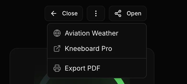 Open In menu with Aviation Weather, Kneeboard Pro, and Export PDF