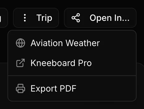 Open In menu with Aviation Weather, Kneeboard Pro, and Export PDF