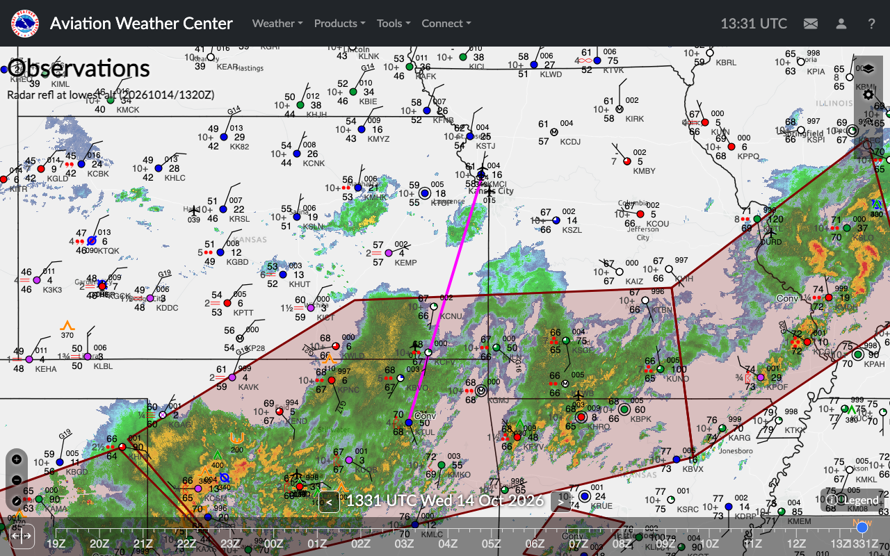 aviationweather.gov Graphical Forecasts for Aviation map showing a PlaneWX trip route drawn as a flight path