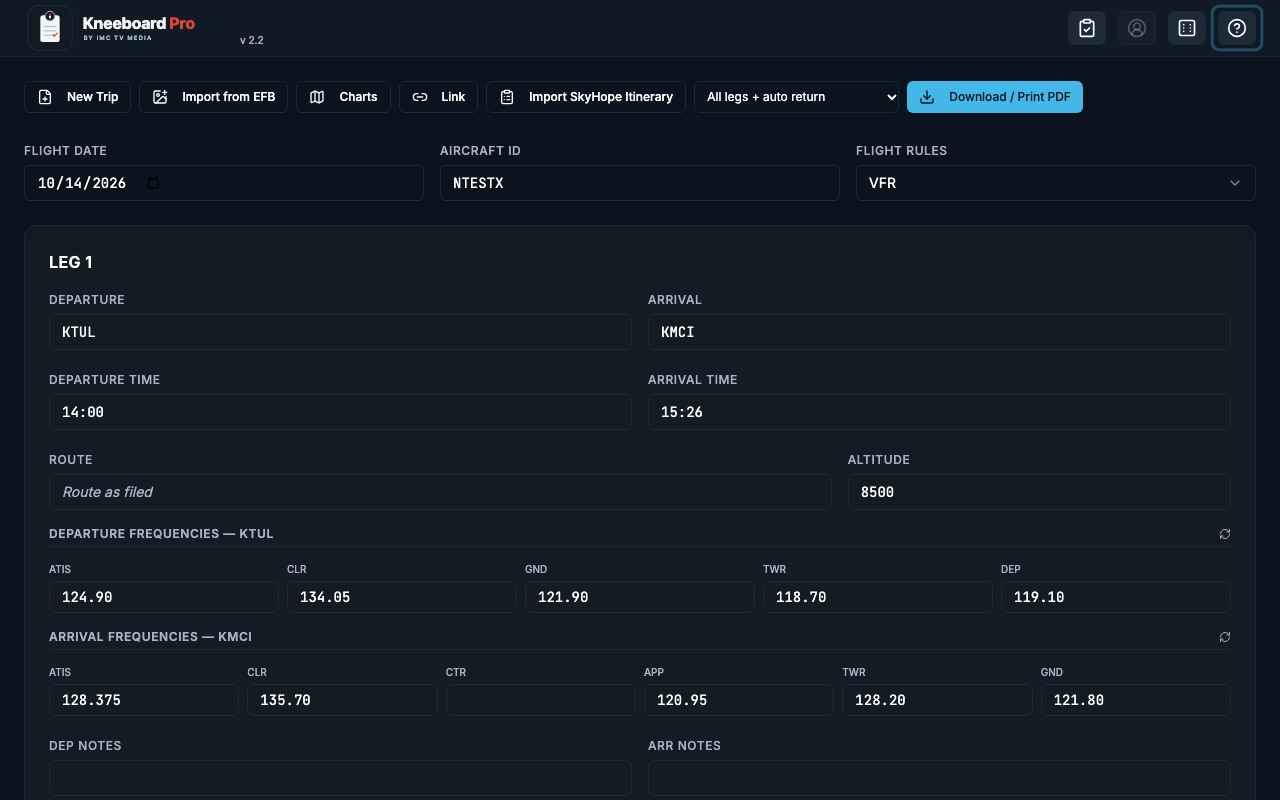 Kneeboard Pro with a PlaneWX trip pre-filled from the Open In share link