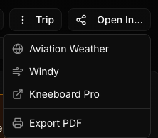 PlaneWX briefing toolbar Open In menu listing Aviation Weather, Windy, Kneeboard Pro, and Export PDF