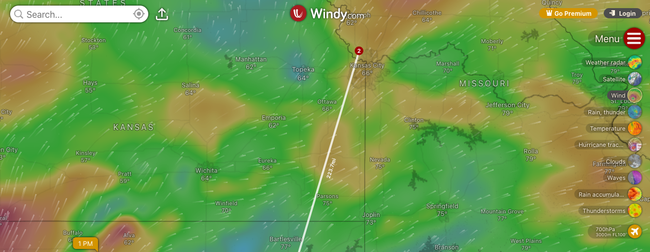 Windy distance and planning view showing the same trip route sent from PlaneWX Open In