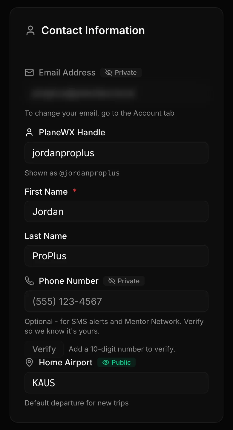 Contact Information fields on the Pilot tab with the email hidden
