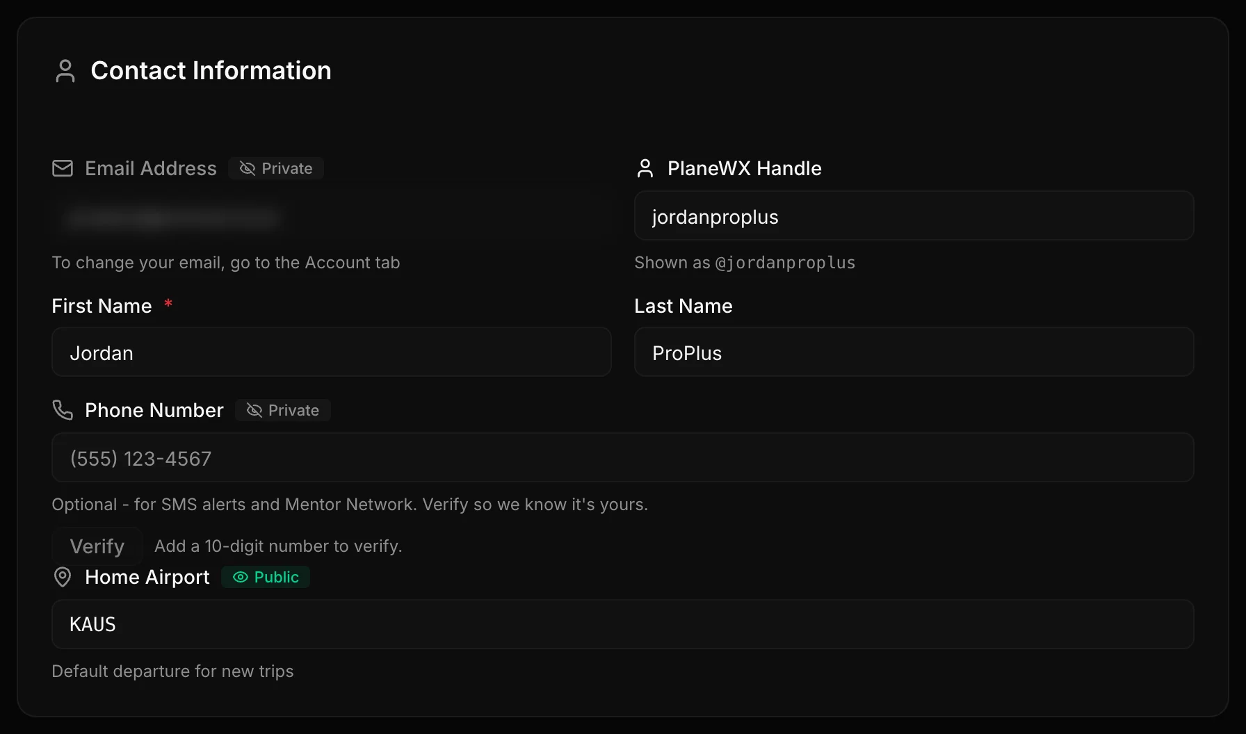 Contact Information fields on the Pilot tab with the email hidden