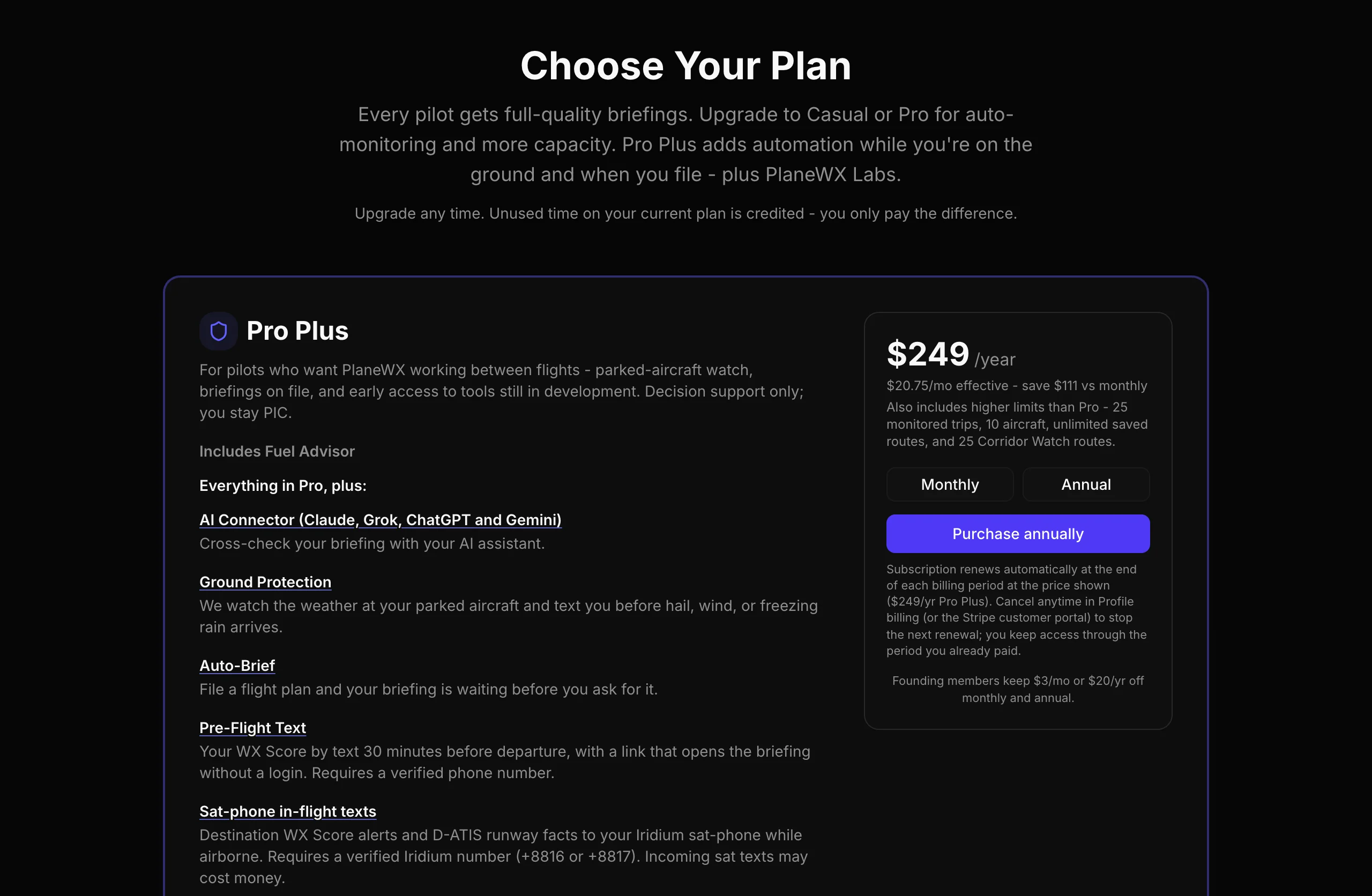 Choose Your Plan page with the Pro Plus plan and annual price