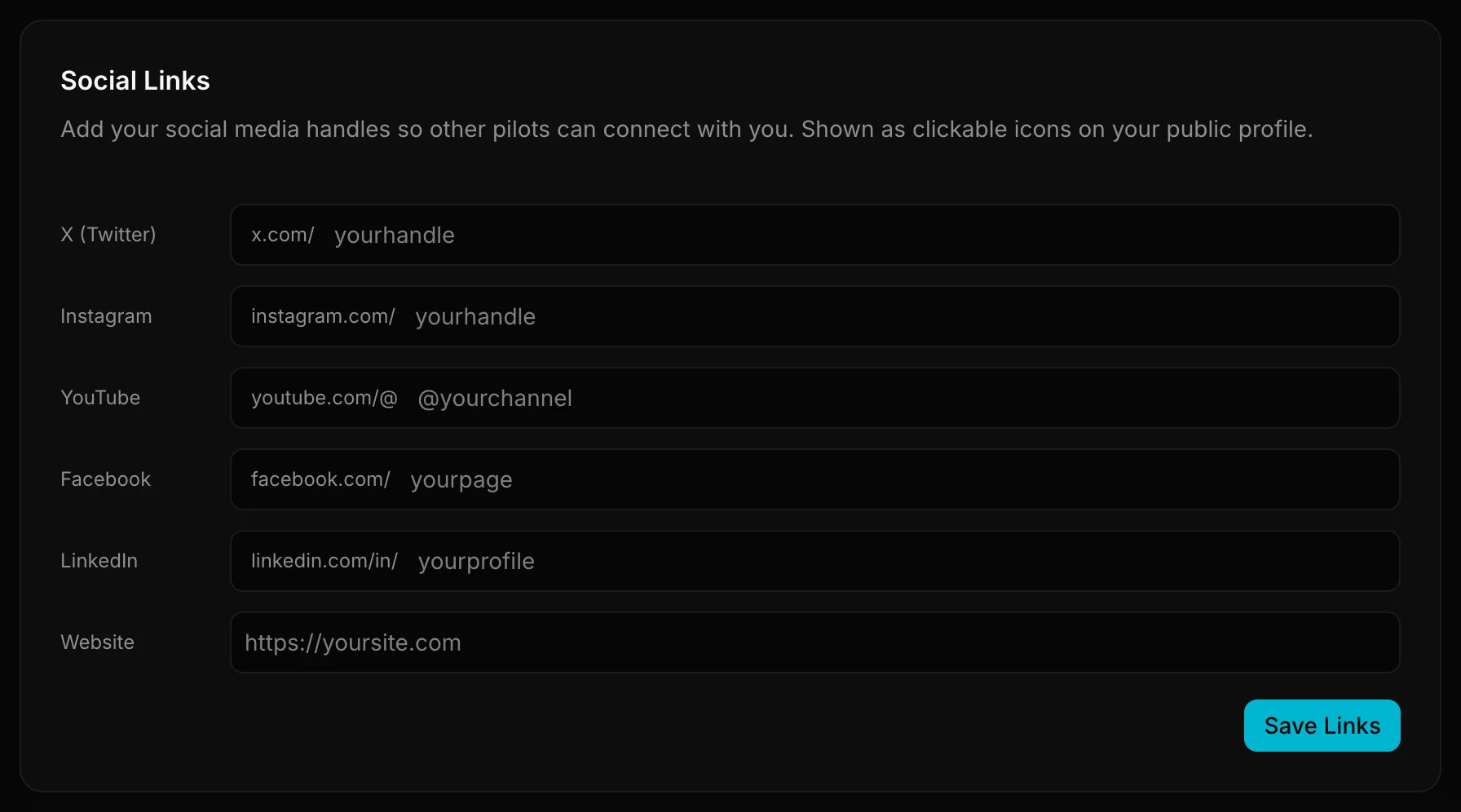 Social Links fields for X, Instagram, YouTube, Facebook, LinkedIn, and Website