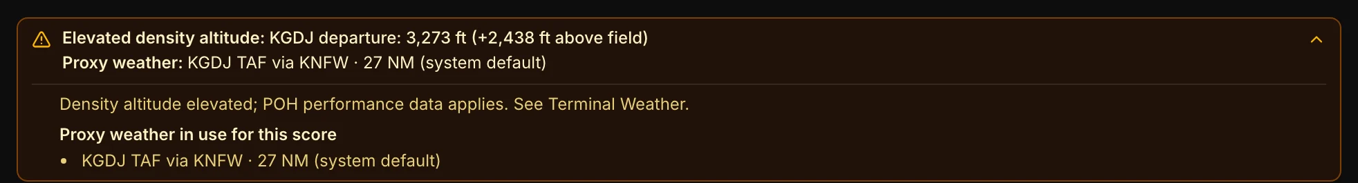 Disclosure for elevated density altitude and proxy weather (KGDJ TAF via KNFW)