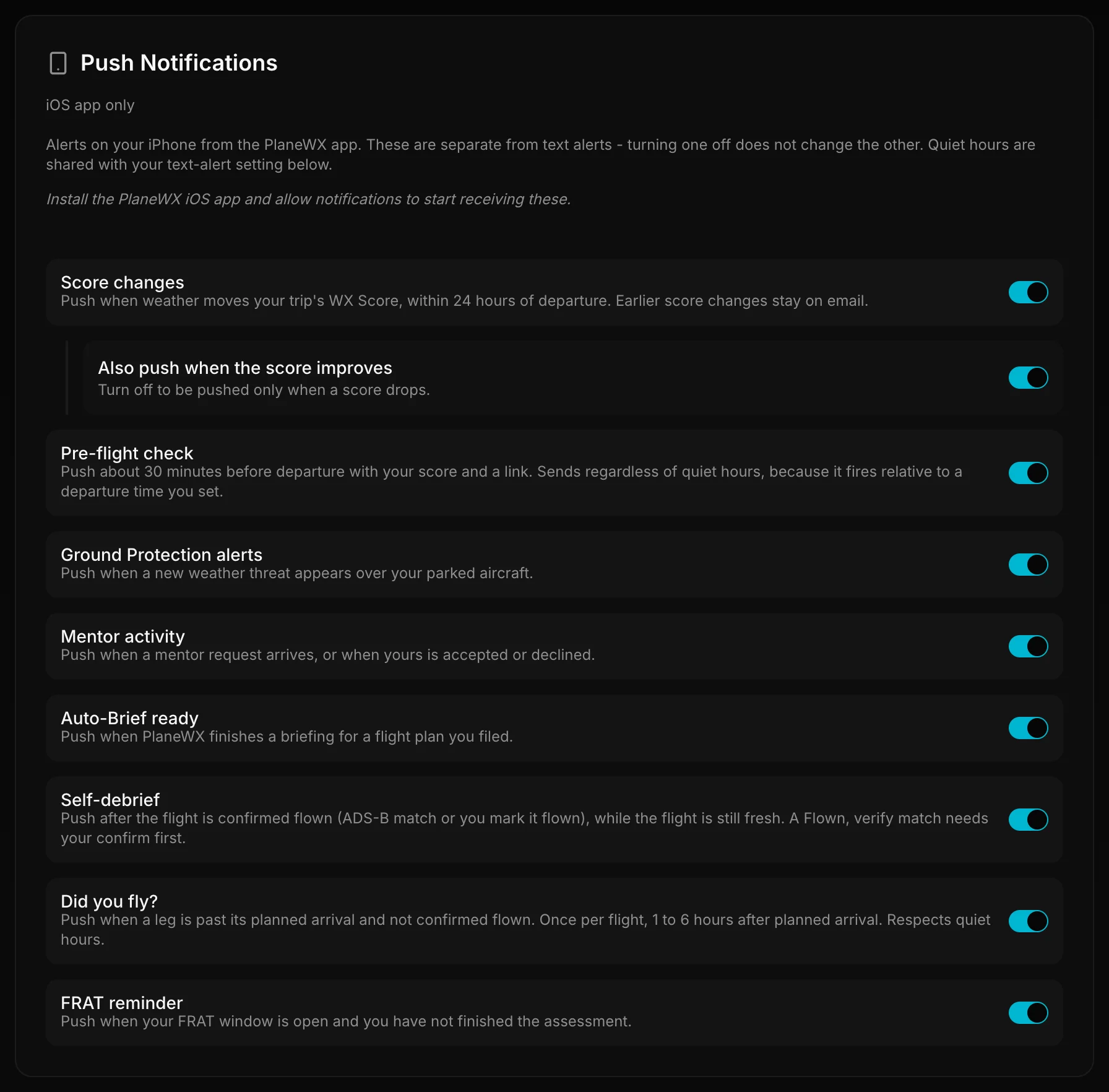 Push Notifications settings with a toggle for each alert type