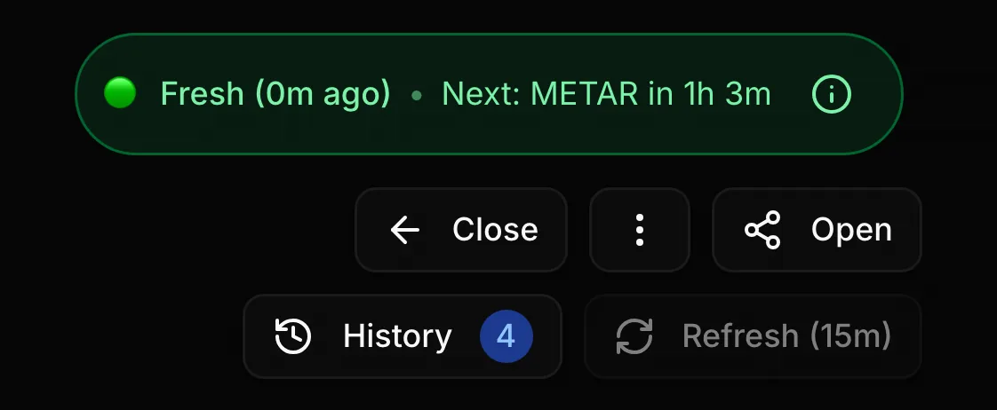 Freshness pill showing Fresh (0m ago) just after a manual refresh, with the Refresh button in its cooldown state