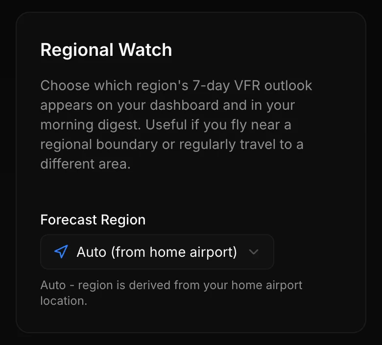 Regional Watch preference with Forecast Region set to Auto (from home airport)