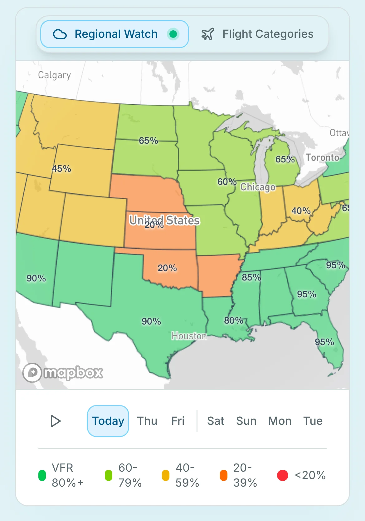 Regional Watch map of US regions colored by VFR outlook with a day selector