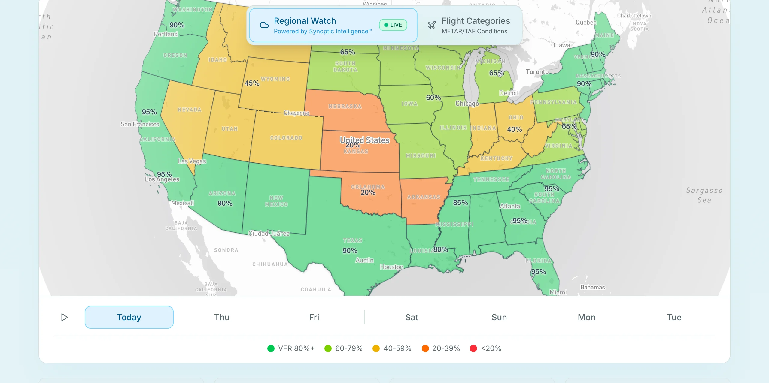 Regional Watch map of US regions colored by VFR outlook with a day selector