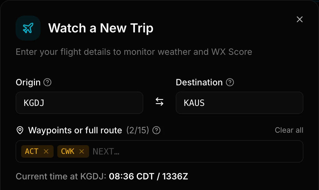 Trip dialog after pasting KGDJ ACT CWK KAUS: origin, destination and the ACT and CWK waypoints filled in